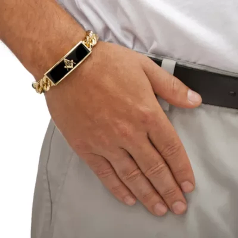 Men's Genuine Onyx Masonic Gold-Plated Insignia Curb-Link Bracelet 8"