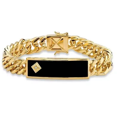 Men's Genuine Onyx and Diamond Accent Gold-Plated Curb-Link Bracelet 8"