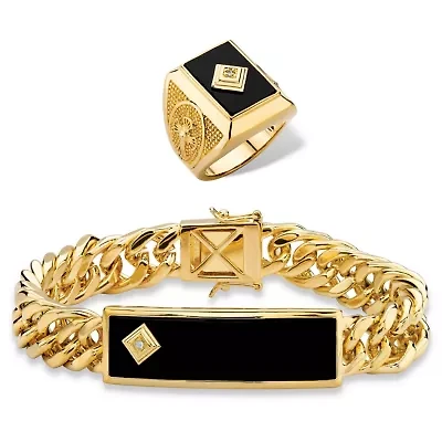 Men's Genuine Onyx and Diamond Accent Gold-Plated Ring and Bracelet Set 8"
