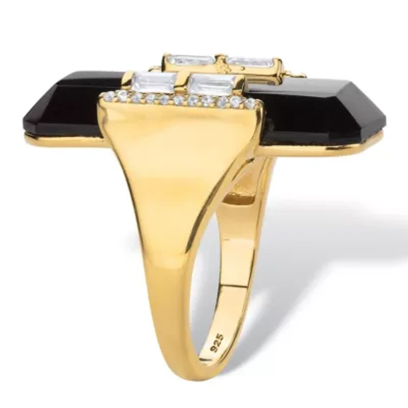 .59 Cttw Gold-Plated Sterling Silver Natural Black Onyx and CZ Ring