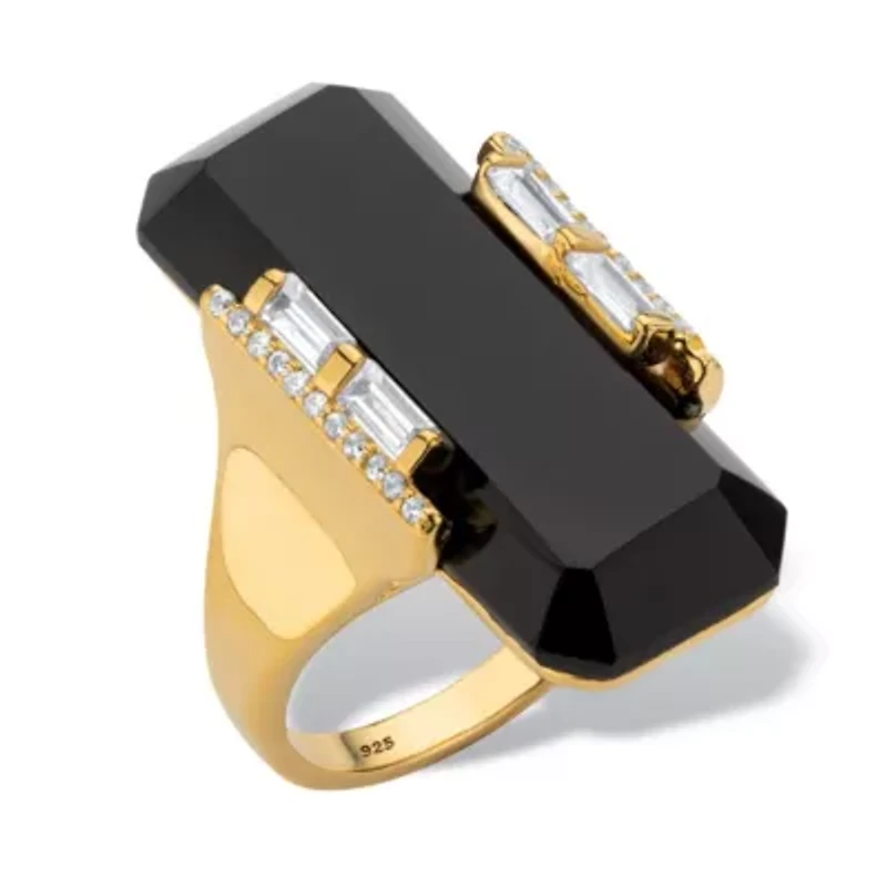 .59 Cttw Gold-Plated Sterling Silver Natural Black Onyx and CZ Ring