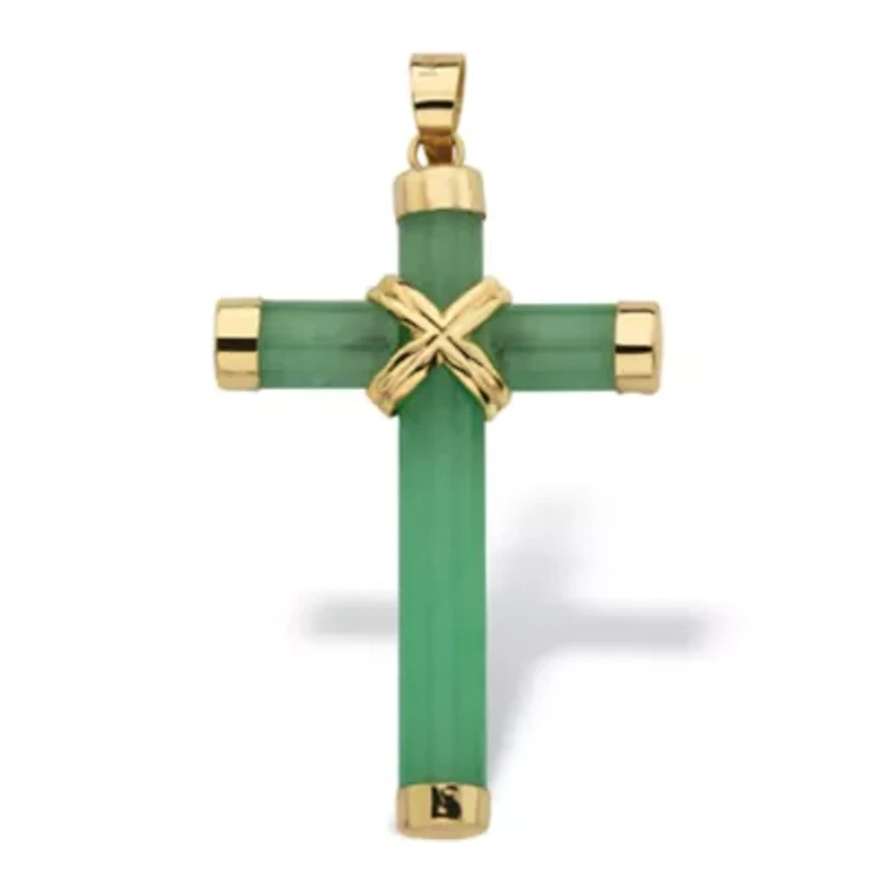 10k Yellow Gold and Genuine Green Jade and Cross Pendant 1.5"
