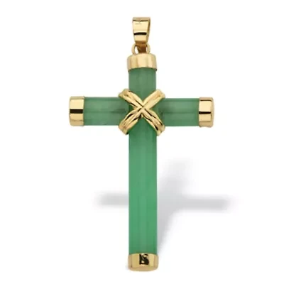 10k Yellow Gold and Genuine Green Jade and Cross Pendant 1.5"