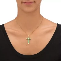 10k Yellow Gold and Genuine Green Jade and Cross Pendant 1.5"
