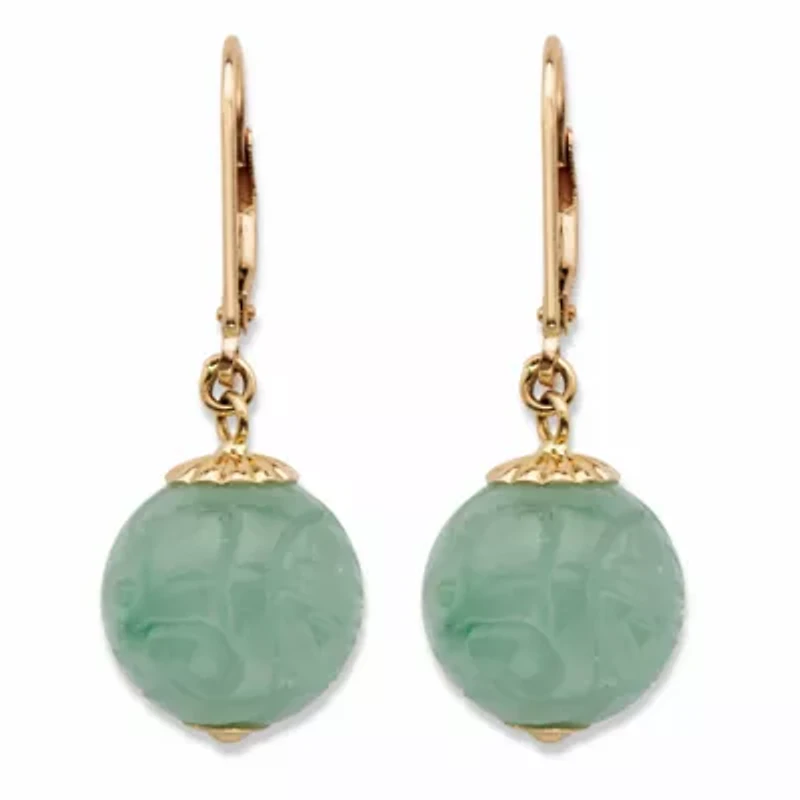 Genuine Green Jade Solid 10k Yellow Gold Etched Bead Drop Earrings