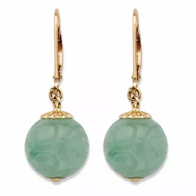 Genuine Green Jade Solid 10k Yellow Gold Etched Bead Drop Earrings