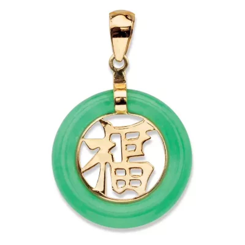 Genuine Green Jade Solid 10k Yellow Gold Round "Blessed" Pendant 3/4"