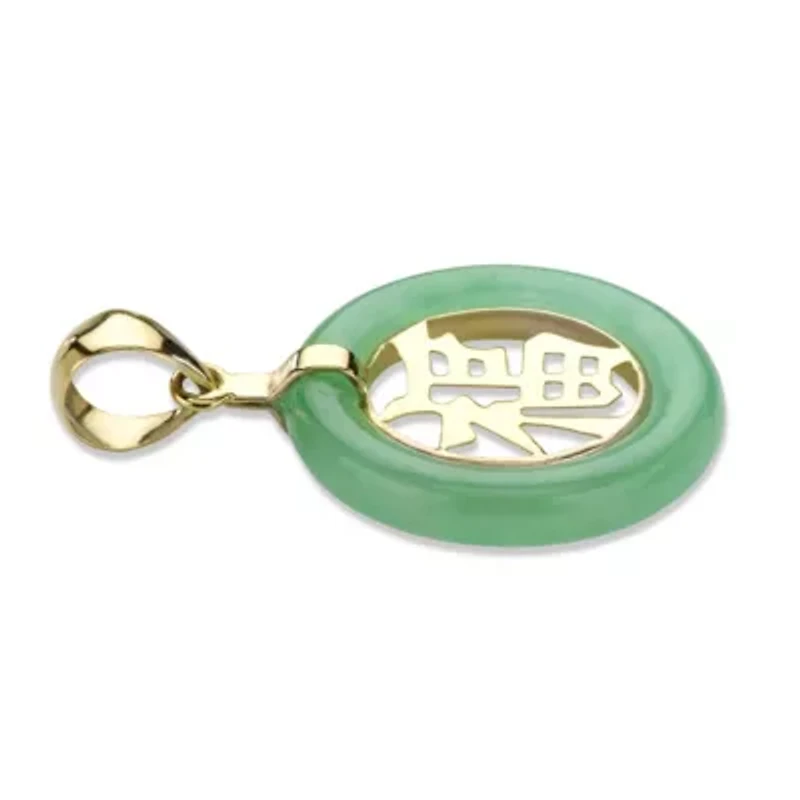 Genuine Green Jade Solid 10k Yellow Gold Round "Blessed" Pendant 3/4"