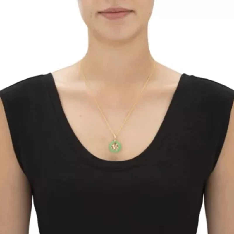 Genuine Green Jade Solid 10k Yellow Gold Round "Blessed" Pendant 3/4"