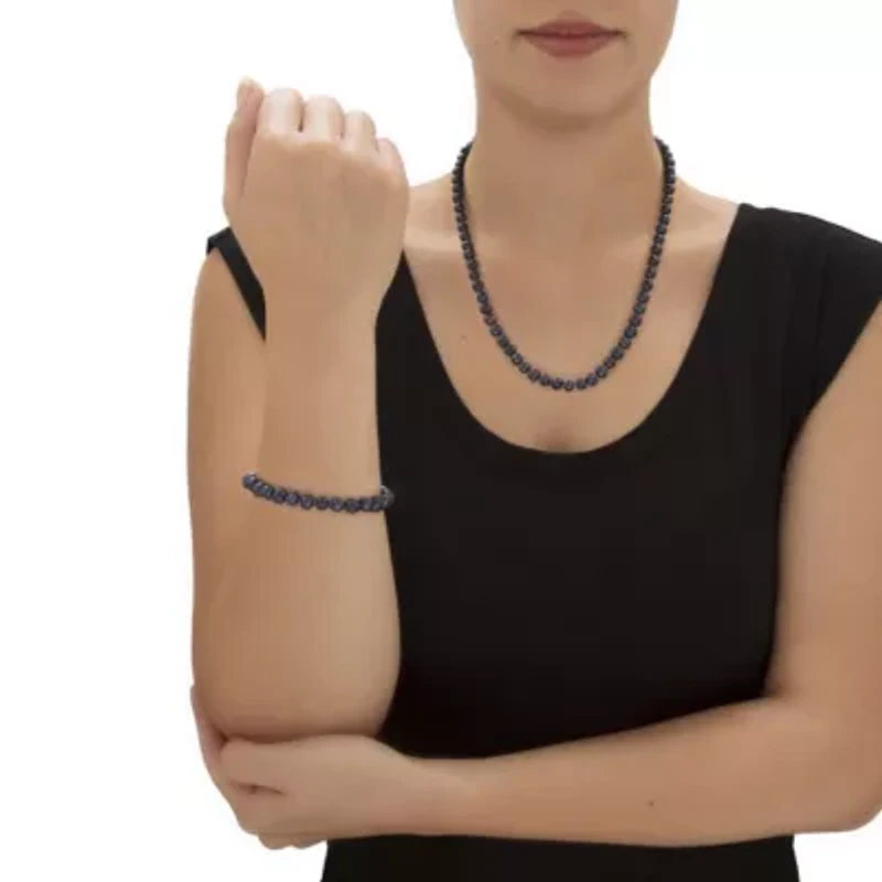 Genuine Black Cultured Pearl Silvertone Earring, Necklace and Bracelet Set 18"