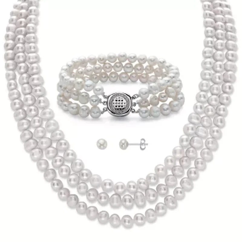 Round Genuine Cultured Pearl .925 Silver Earring, Necklace and Bracelet Set 18"