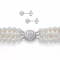Round Genuine Cultured Pearl .925 Silver Earring, Necklace and Bracelet Set 18"