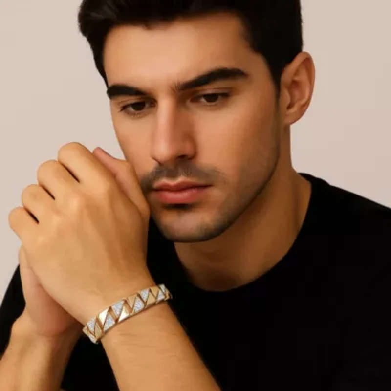 Men's Diamond Accent 18k Gold-Plated Two-Tone Interlocking-Link Bracelet 9.5"