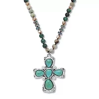 Genuine Jasper, Amazonite and Freshwater Pearl Silvertone Cross Necklace 32 Inch
