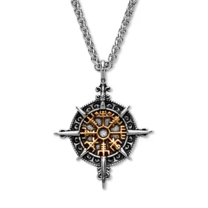 Men's Yellow Gold Ion-Plated Stainless Steel Viking Compass Pendant Necklace