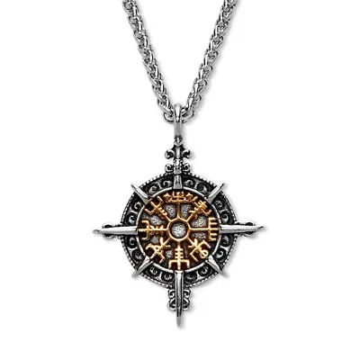 Men's Yellow Gold Ion-Plated Stainless Steel Viking Compass Pendant Necklace