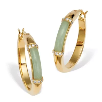 .18 TCW CZ Cabochon Cut Genuine Green Jade 18k Yellow Gold-plated Hoop Earrings