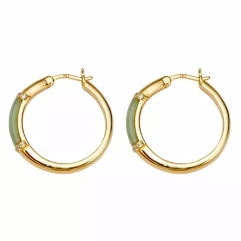 .18 TCW CZ Cabochon Cut Genuine Green Jade 18k Yellow Gold-plated Hoop Earrings
