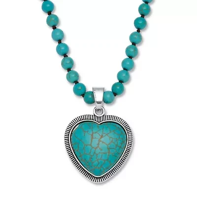 Genuine Turquoise Antiqued Silvertone Heart Pendant Necklace, 34 inches
