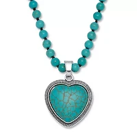 Genuine Turquoise Antiqued Silvertone Heart Pendant Necklace, 34 inches
