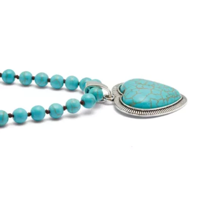 Genuine Turquoise Antiqued Silvertone Heart Pendant Necklace, 34 inches