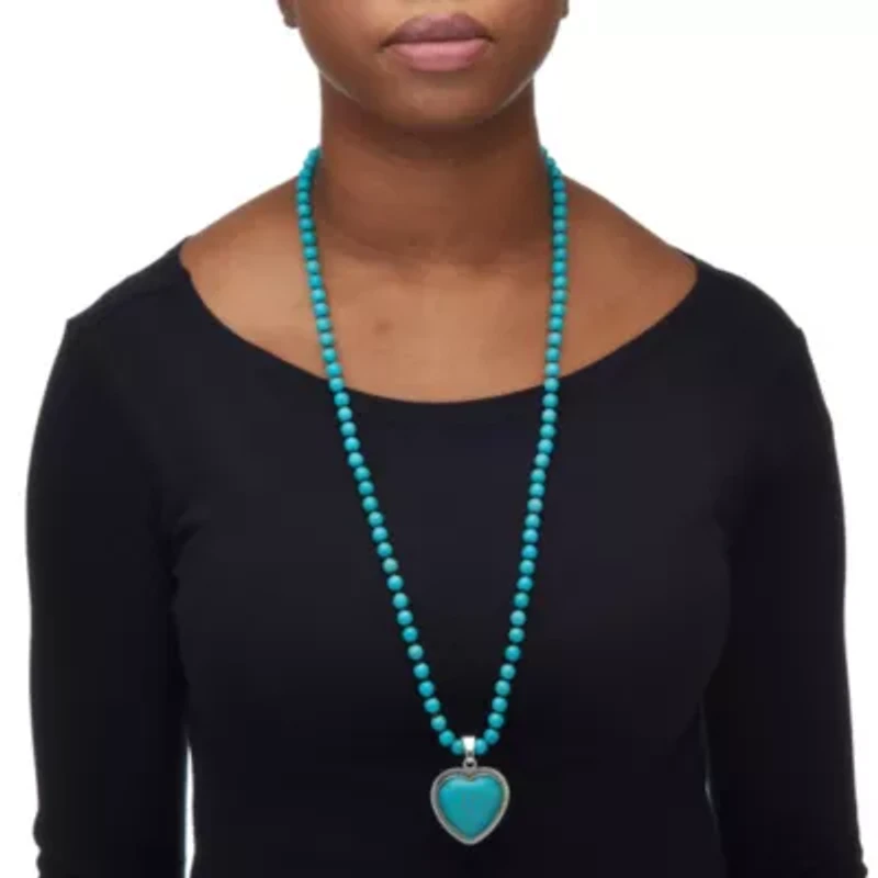 Genuine Turquoise Antiqued Silvertone Heart Pendant Necklace, 34 inches