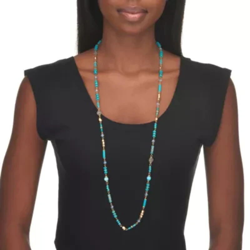 Round Genuine Turquoise Hammered Goldtone Endless Necklace, 36 inches