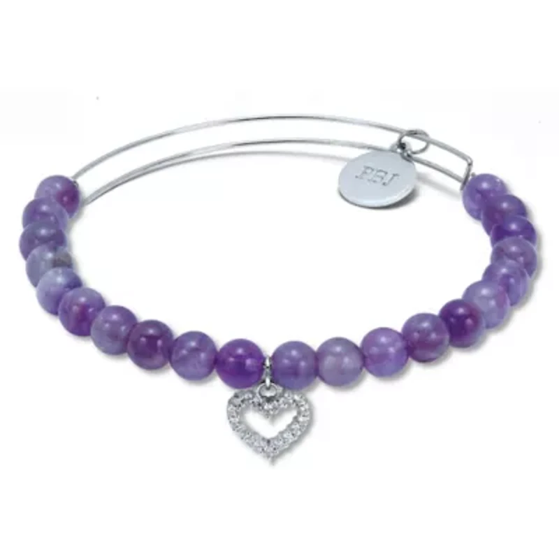 Genuine Purple Amethyst Silvertone Heart Charm Bangle, 7.5 Inches