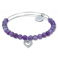 Genuine Purple Amethyst Silvertone Heart Charm Bangle, 7.5 Inches