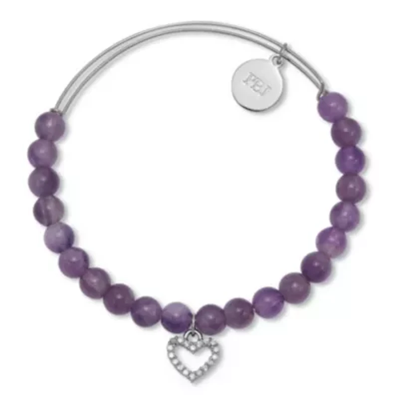 Genuine Purple Amethyst Silvertone Heart Charm Bangle, 7.5 Inches