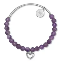 Genuine Purple Amethyst Silvertone Heart Charm Bangle, 7.5 Inches