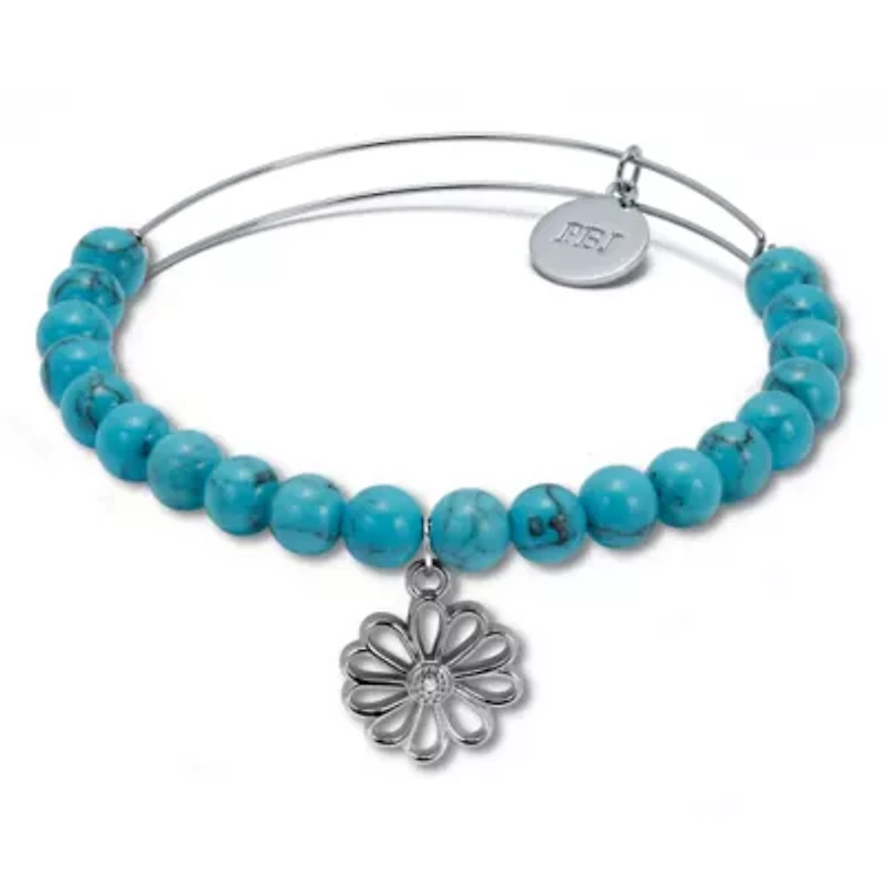 Genuine Blue Turquoise Silvertone Heart Charm Bangle, 7.5 Inches