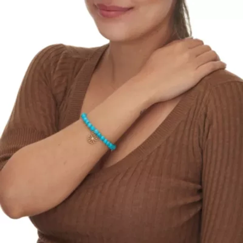 Genuine Blue Turquoise Silvertone Heart Charm Bangle, 7.5 Inches