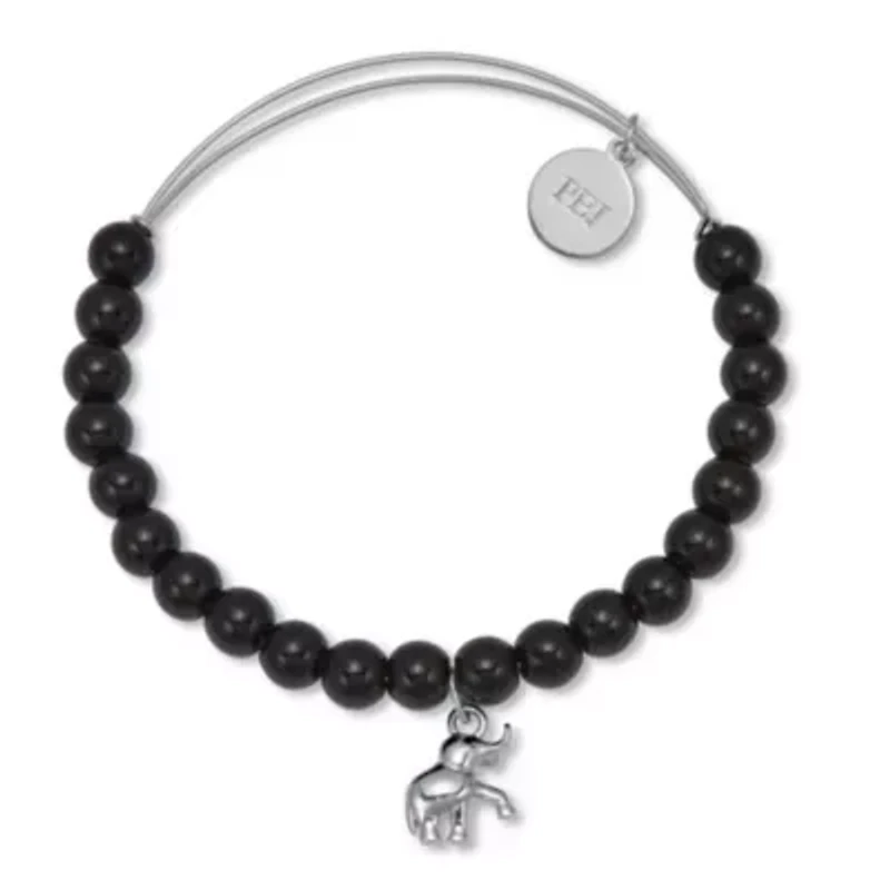 Natural Black Onyx Silvertone Elephant Charm Bangle, 7.5 Inches