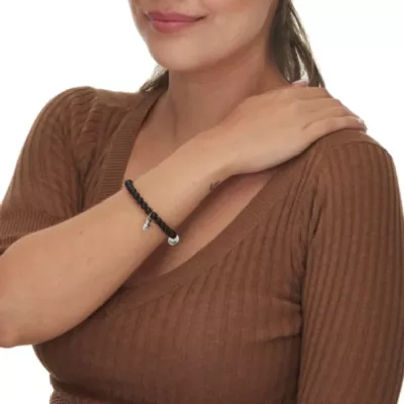 Natural Black Onyx Silvertone Elephant Charm Bangle, 7.5 Inches