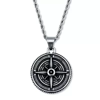Men's Black Crystal Antiqued Stainless Steel Compass Pendant Necklace 24-inch