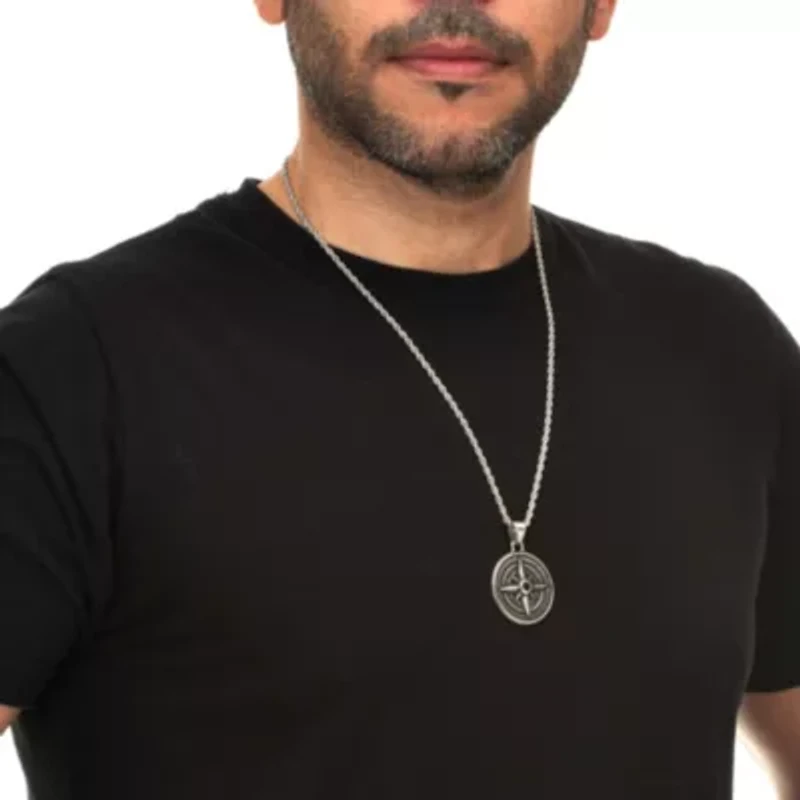 Men's Black Crystal Antiqued Stainless Steel Compass Pendant Necklace 24-inch