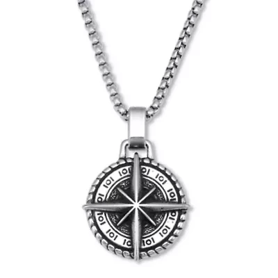 Men's Natural Black Onyx Stainless Steel Compass Pendant Necklace, 24-inch