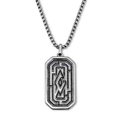 Men's Round Black Crystal Sterling Silver Dog Tag Pendant Necklace 24-inch