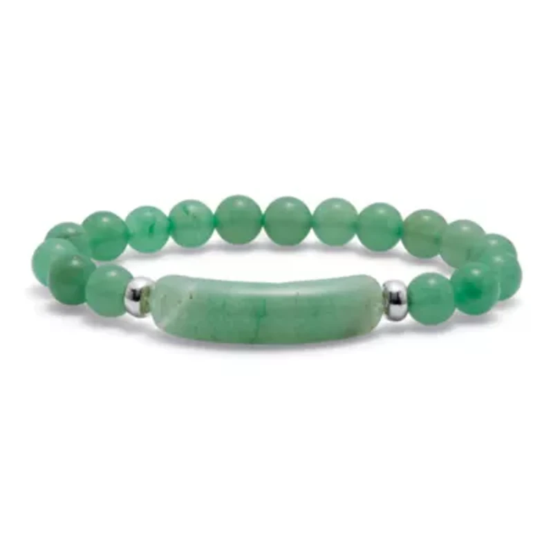 Genuine Green Aventurine Silvertone Beaded Stretch Bracelet 7-inch Length