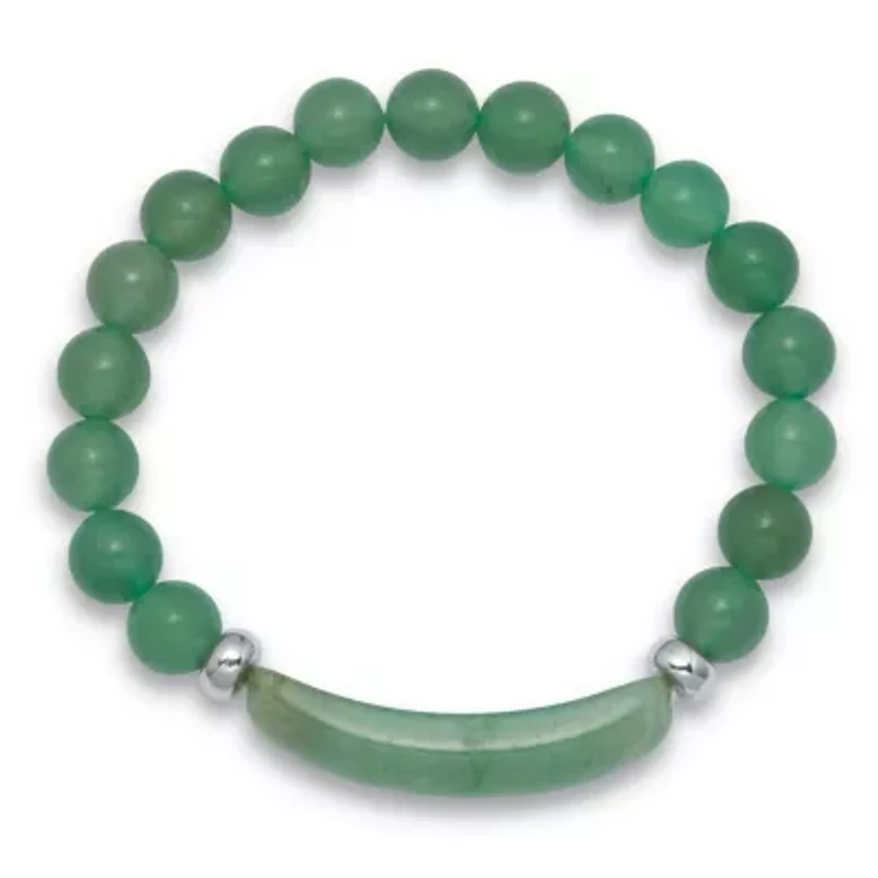 Genuine Green Aventurine Silvertone Beaded Stretch Bracelet 7-inch Length