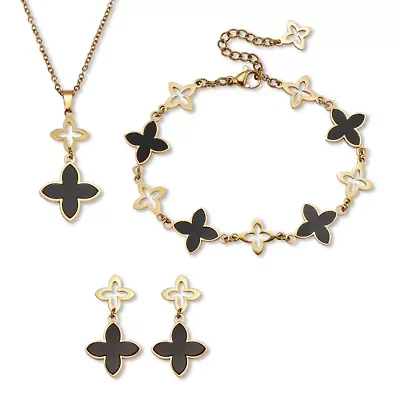 Genuine Black Onyx Gold Ion-Plated Stainless Steel Clover Jewelry Set