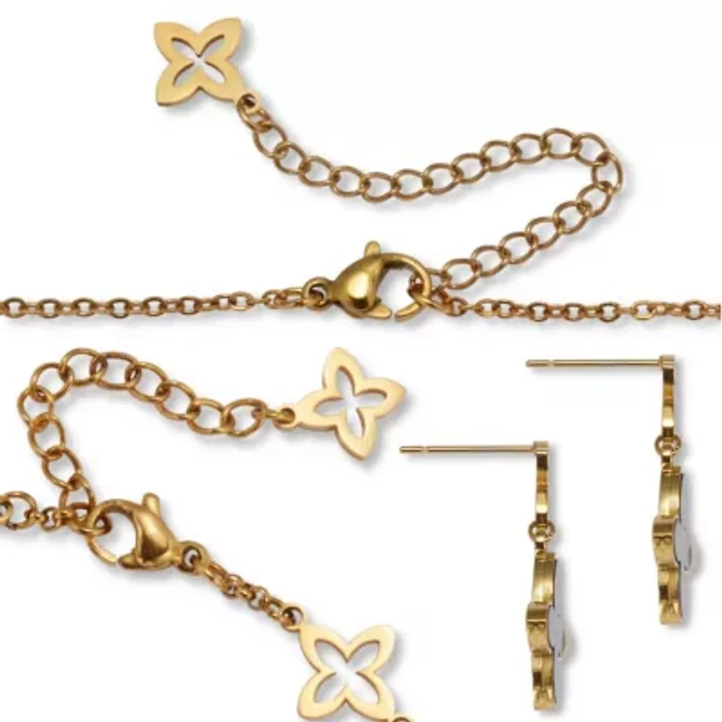 Genuine Black Onyx Gold Ion-Plated Stainless Steel Clover Jewelry Set