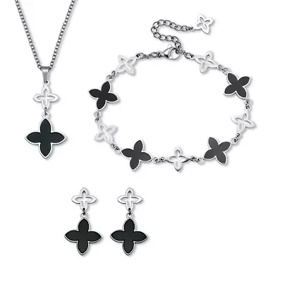 Genuine Black Mother of Pearl Stainless Steel Clover Jewelry Set
