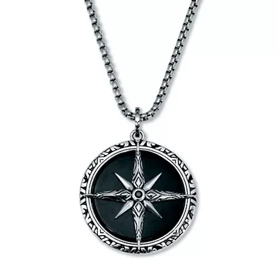 Men's Natural Black Onyx Antiqued Stainless Steel Pendant Necklace 24-inch