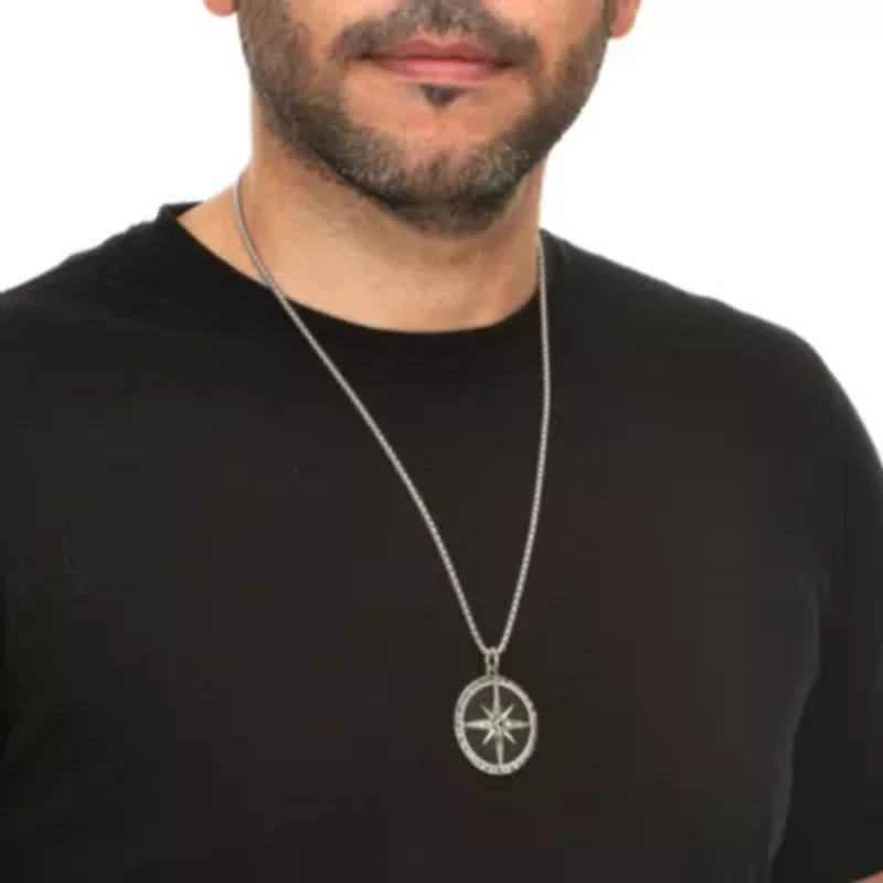 Men's Natural Black Onyx Antiqued Stainless Steel Pendant Necklace 24-inch