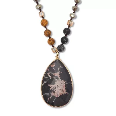 Genuine Black Howlite and Brown Jasper Goldtone Necklace 34-inch