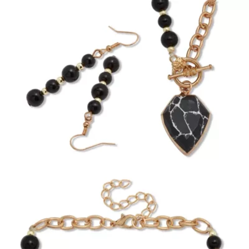 Genuine Black Howlite and Onyx Goldtone Beaded Necklace Set 18-inch