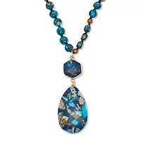 Genuine Blue Agate Goldtone Beaded Drop Pendant Necklace 34-inch