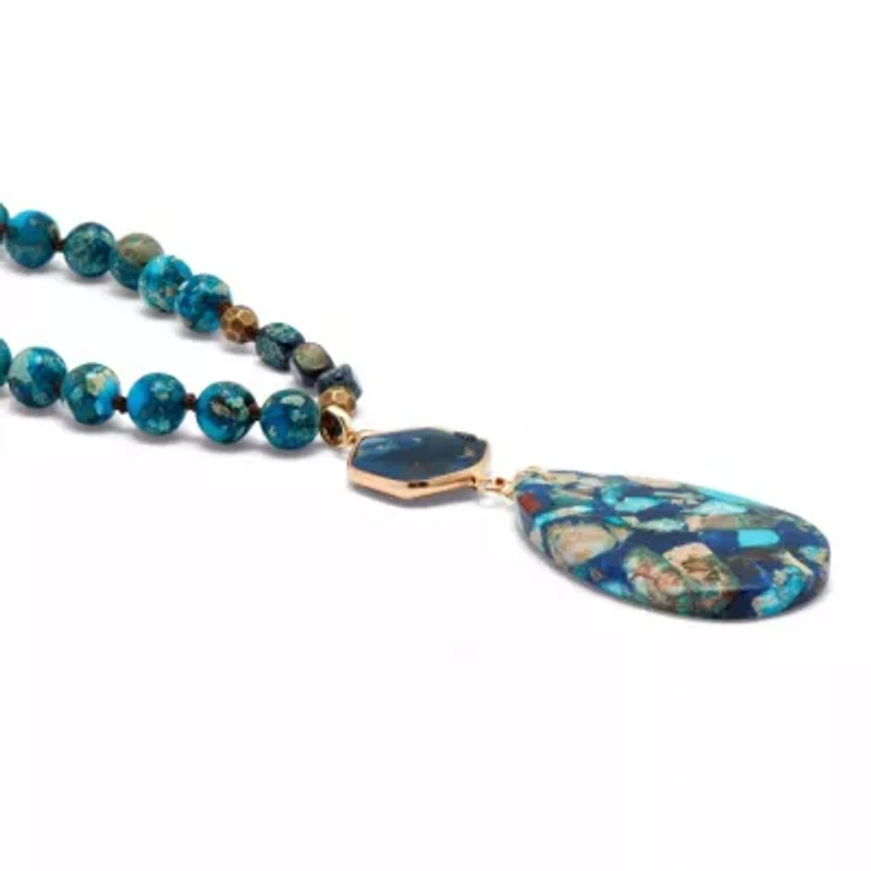 Genuine Blue Agate Goldtone Beaded Drop Pendant Necklace 34-inch
